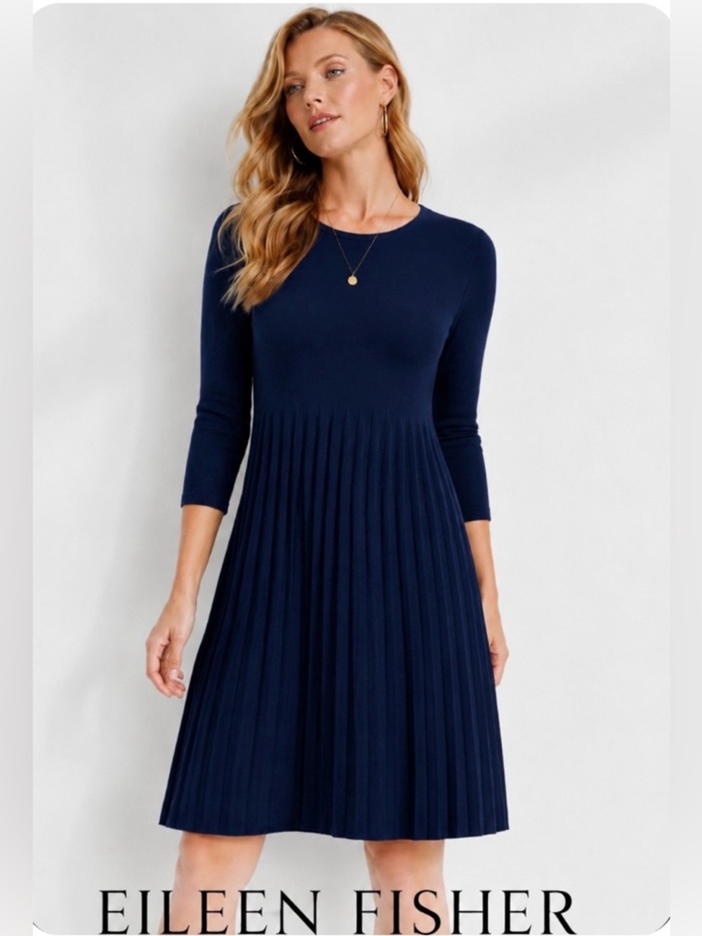 Eileen Fisher 100% Wool Ribbed Knit Fit & Flare Dress Navy Blue Small S